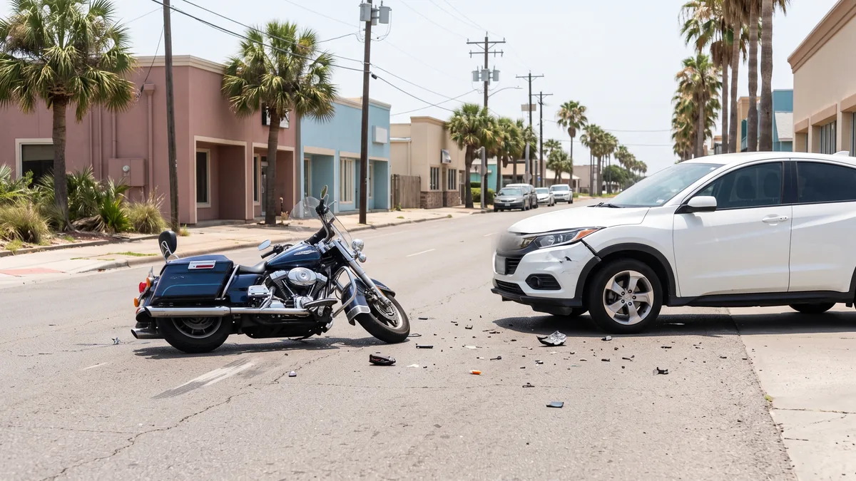 Cruiser motorcycle on its side on a sunlit Corpus Christi street near a white SUV with front bumper damage